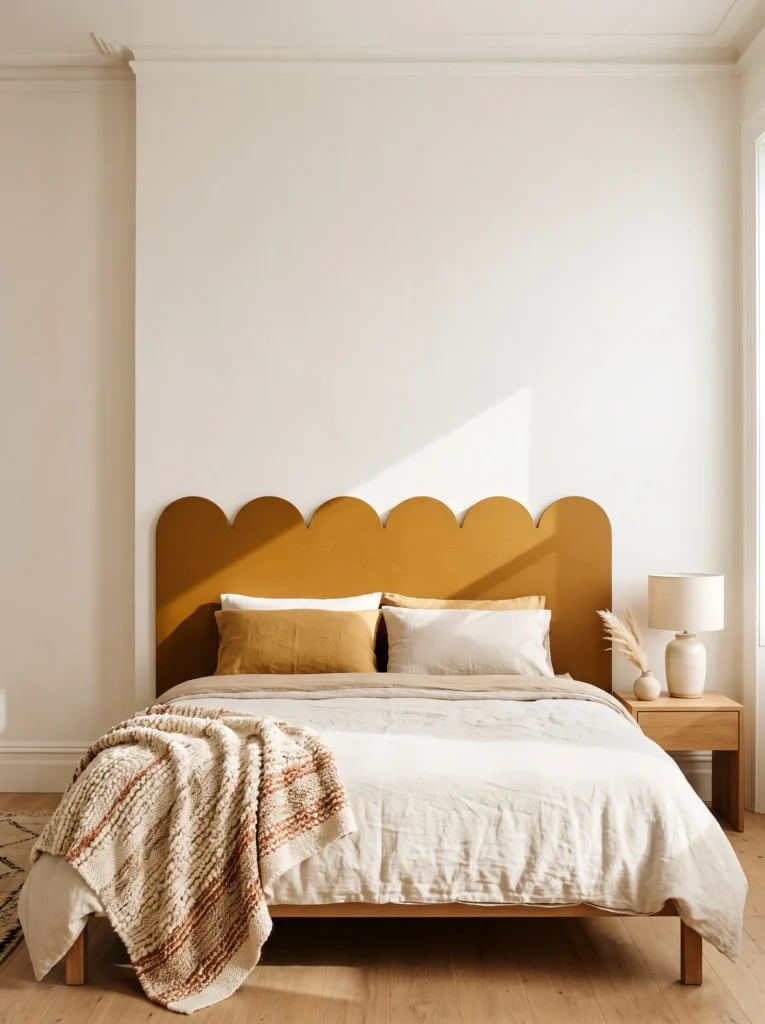 Deep ochre scalloped plywood DIY headboard mounted against a warm white wall.