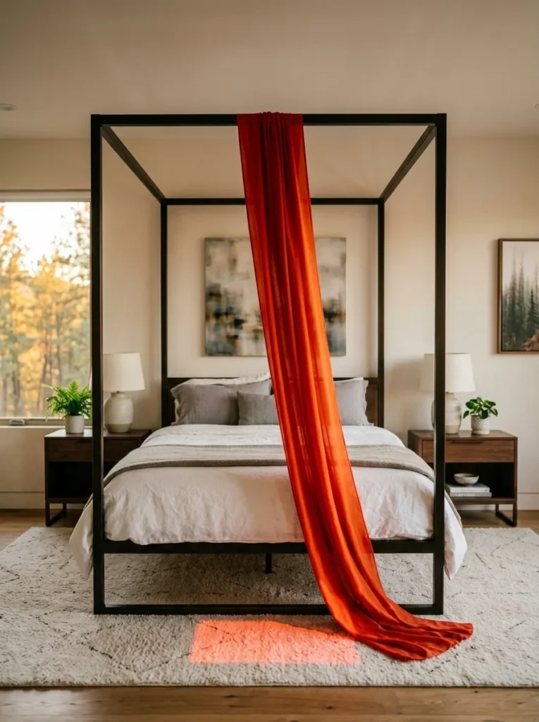 Scarlet silk panel behind a black bronze bed