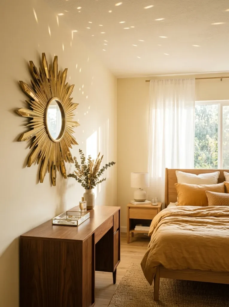 Faceted brass sunburst mirror scattering morning light on a ceiling