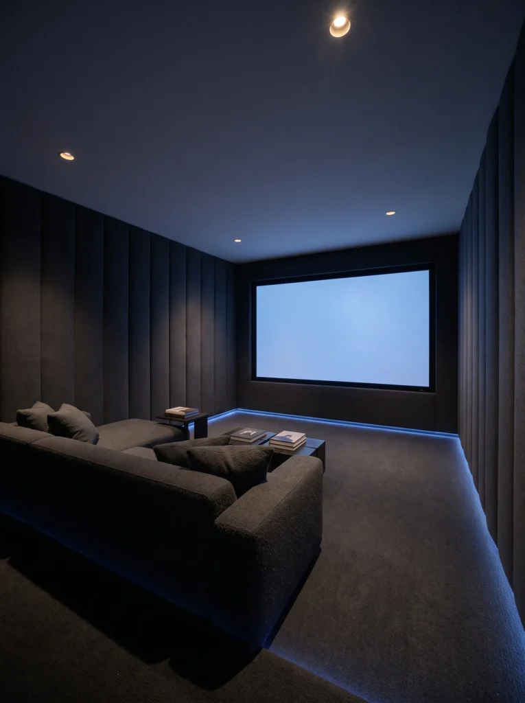  "Charcoal velvet home theater screening room with acoustic wall panels"