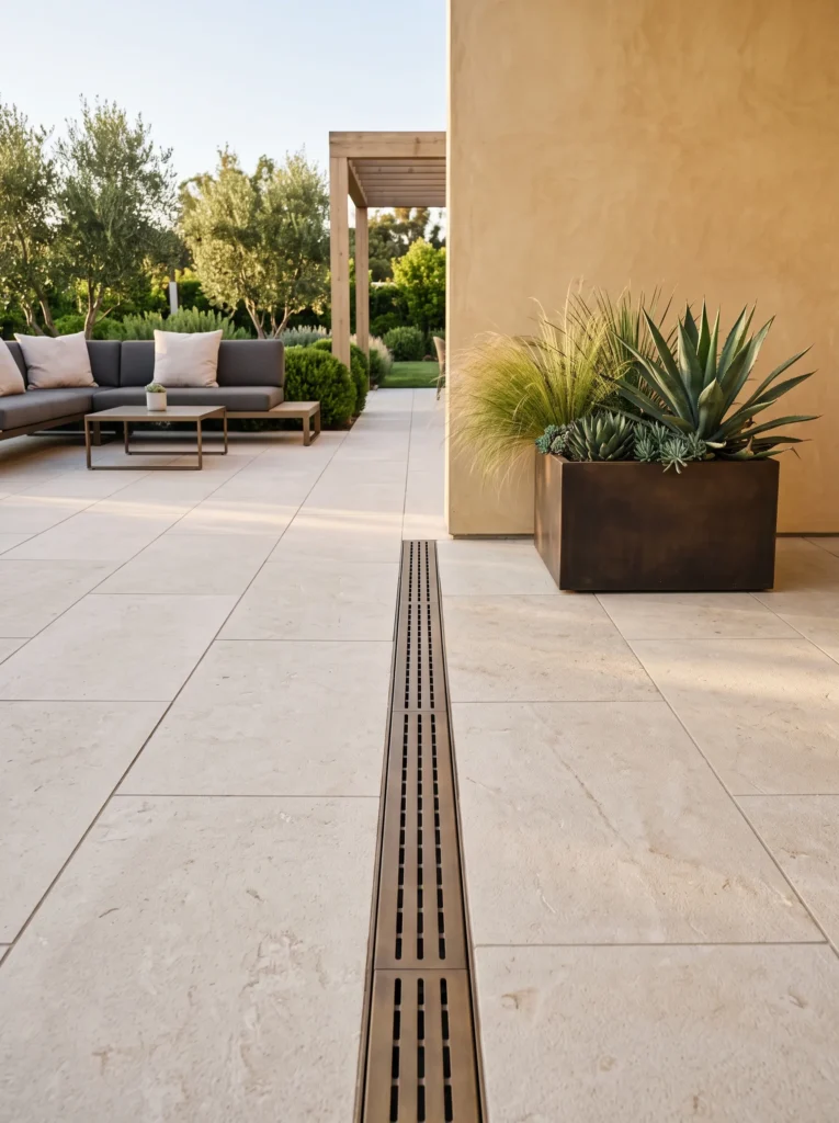 Sculpted bronze metal grate used as a modern gutter downspout drainage solution between large-format porcelain pavers.