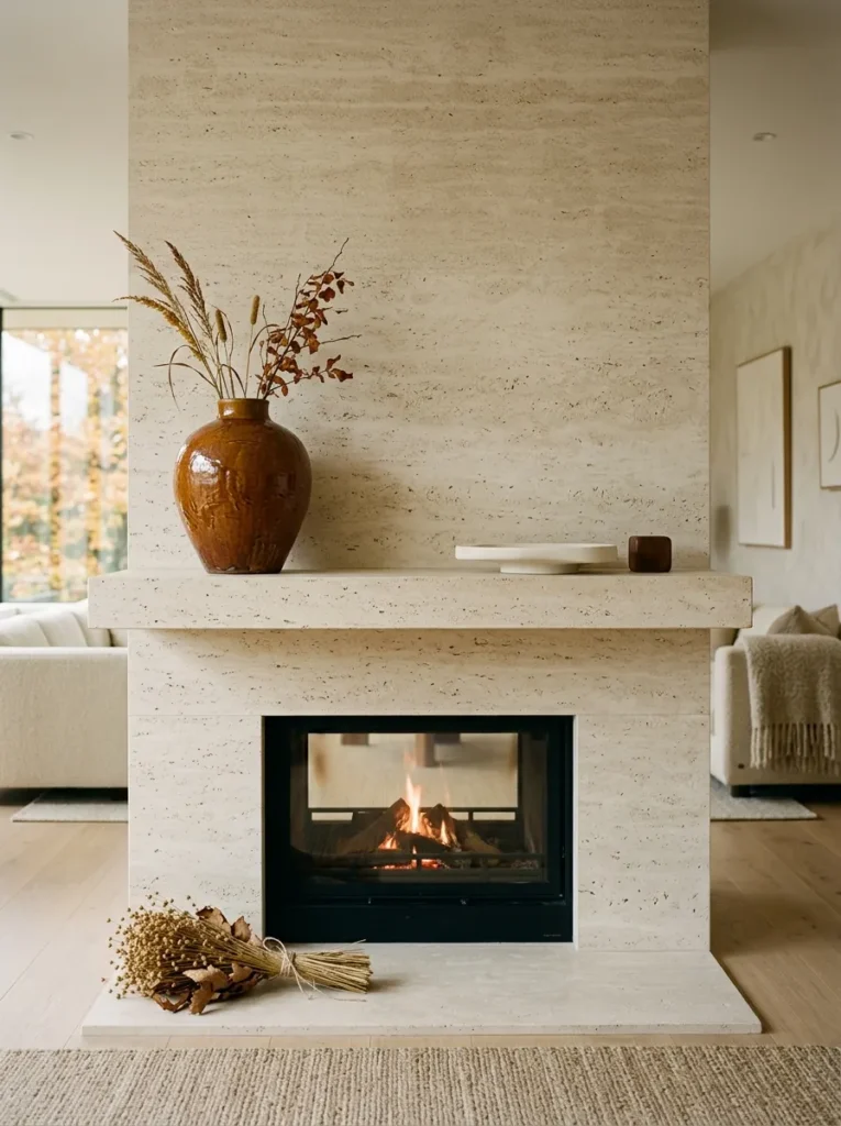 Oversized hand-thrown deep-amber ceramic vessel with ivory stone and natural-flax accents on a sophisticated fall mantel.