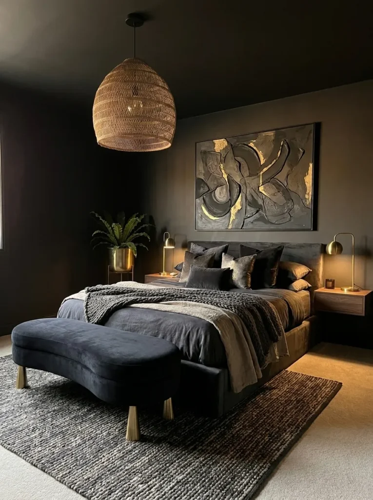 Curved black velvet bench with brass legs at the foot of a bed in a taupe-black bedroom