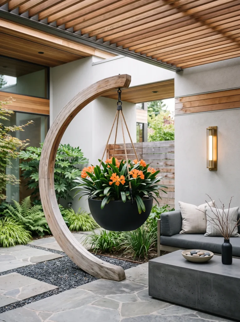 Curved cedar arc with clivia in courtyard.