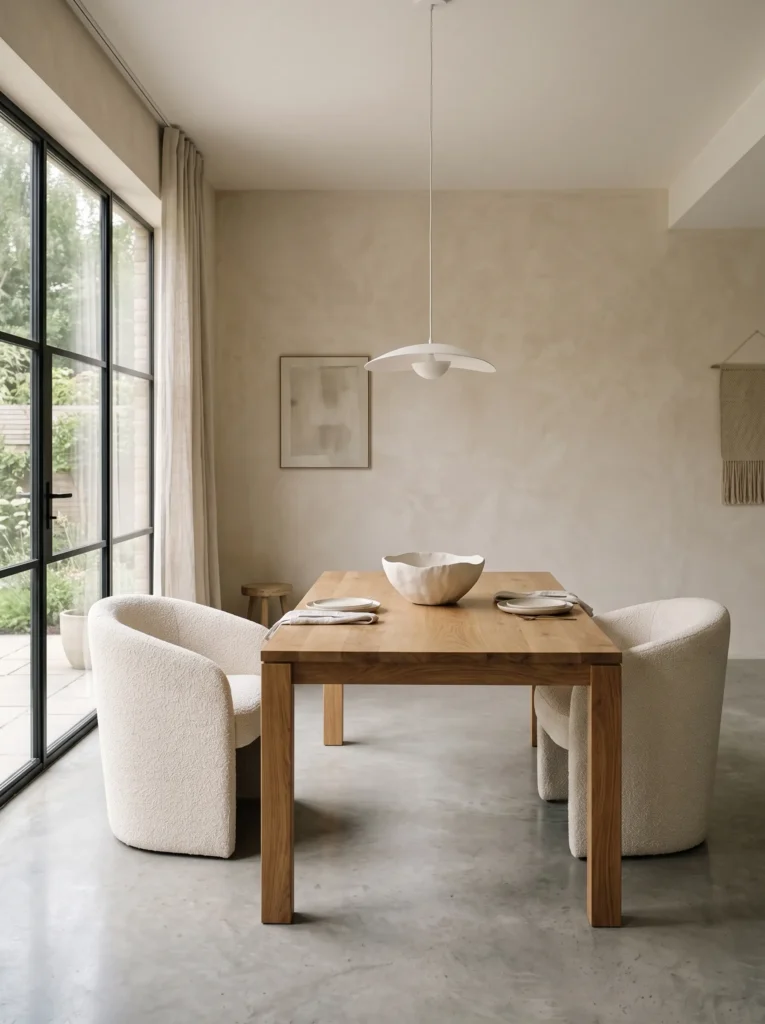 White oak dining table with a single sculptural ceramic centerpiece bowl.