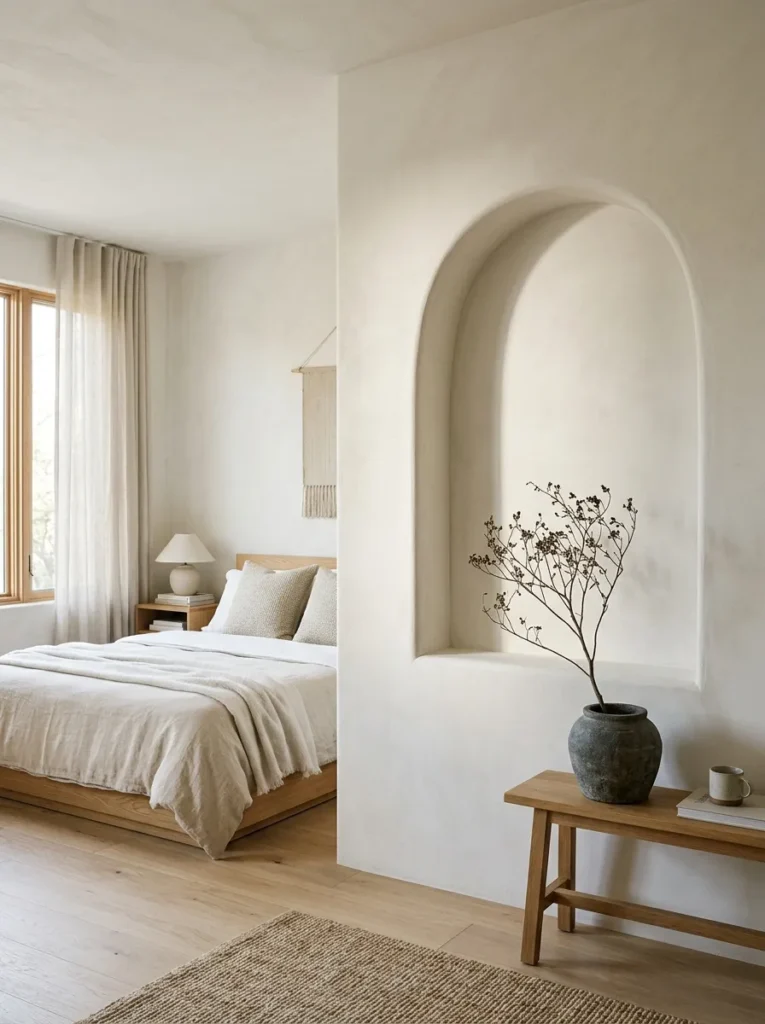 Sculptural curved plaster DIY headboard niche with soft architectural shadows.