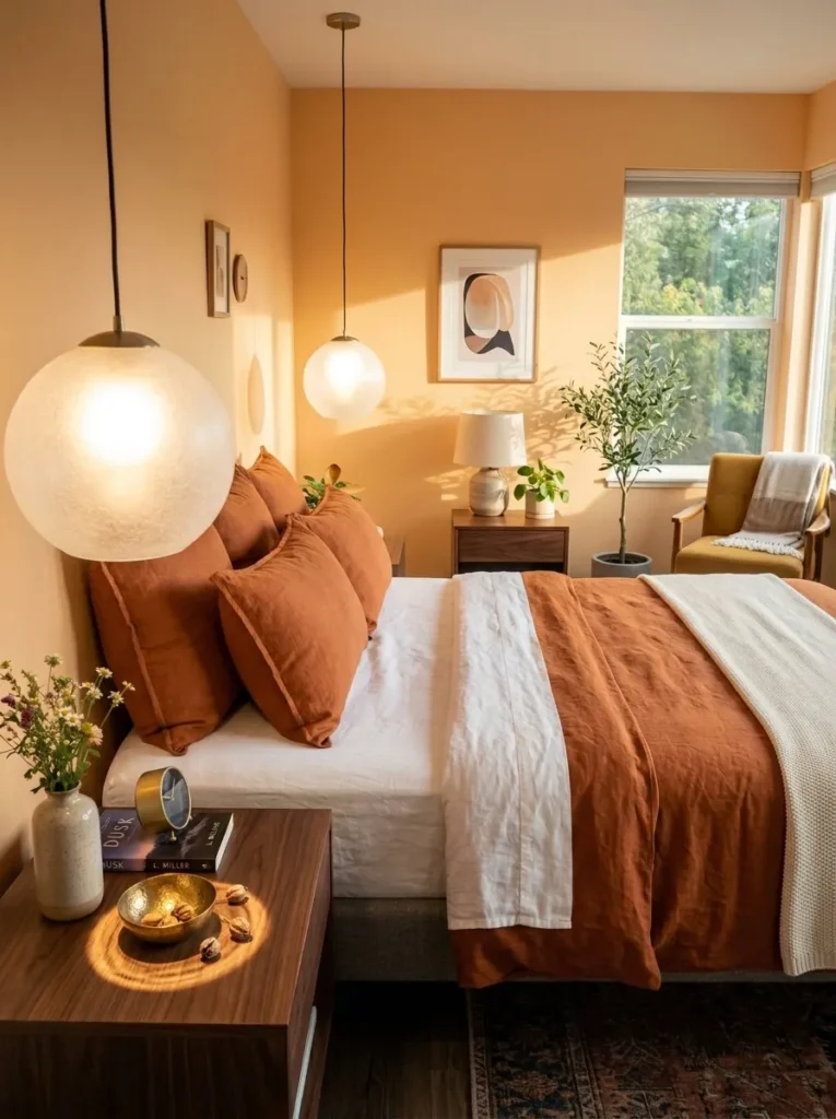 Frosted glass pendants beside a headboard-free bed