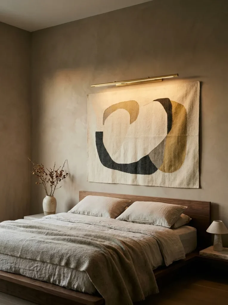 Slim brass picture light washing warm glow across an oversized abstract textile