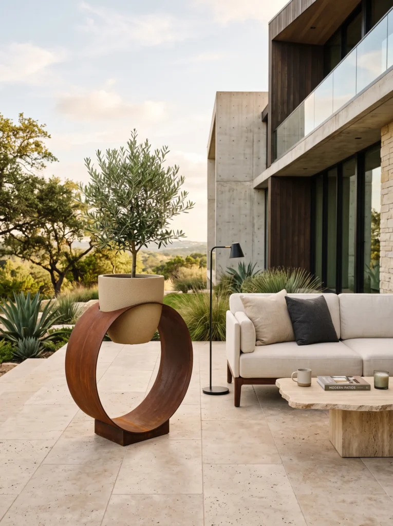  Steel loop stand with dwarf olive on patio.