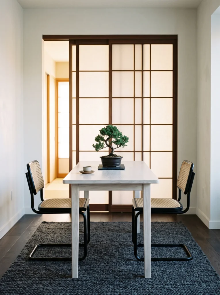 Whitewashed ash dining table beside a shoji-style sliding screen divider.