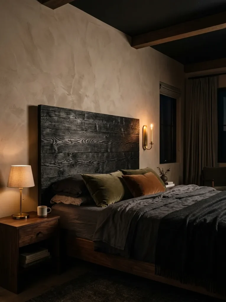 Charred black cedar DIY headboard with visible wood grain and warm brass lighting.