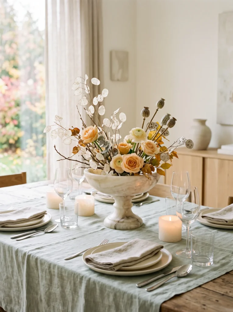 Fall table centerpiece ideas with silver seed pods, lunaria, pale peach flowers, alabaster pedestal bowl, sage tablecloth, and warm LED candles.