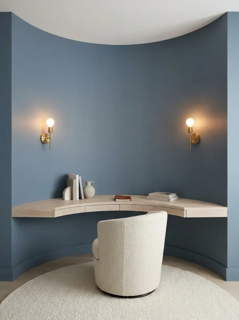 Curved slate blue alcove with a floating white oak desk and symmetrical brass sconces