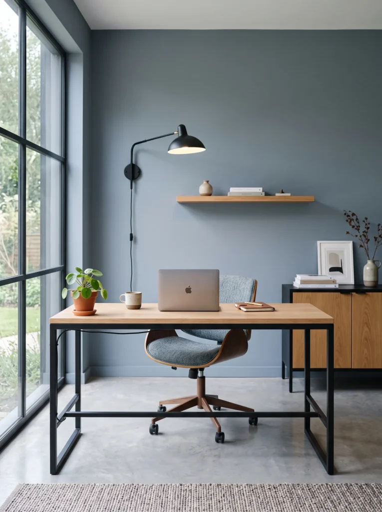 Slate blue-gray minimalist home office with a blackened steel and white oak desk.