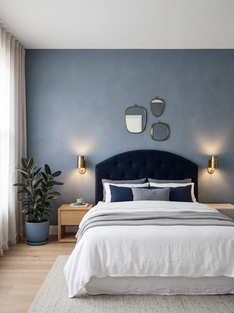 Slate-blue and gold bedroom with navy velvet headboard, aged brass mirrors, wall sconces, and rubber plant.