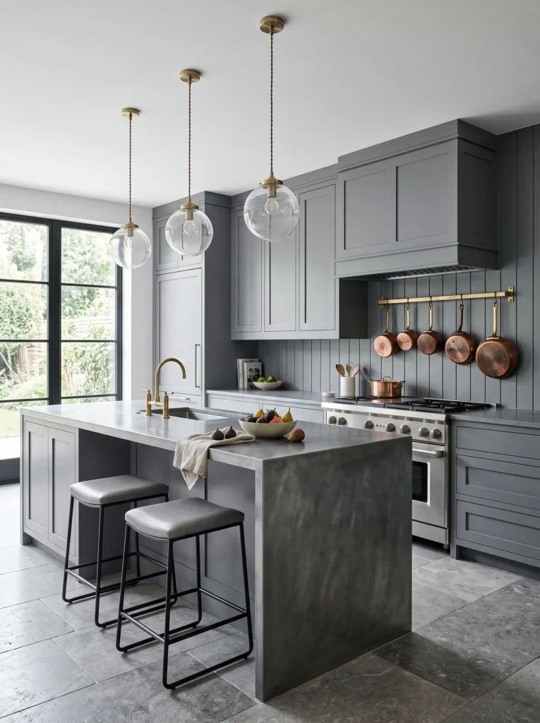 Slate gray raised-panel cabinetry with a patinaed zinc waterfall-edge island.