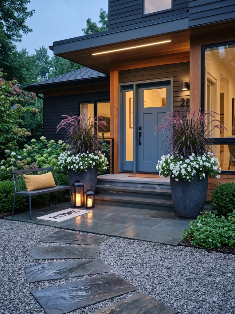 Fall front steps with matching fiberglass urns of purple fountain grass and white pansies, charcoal bench, mustard cushion, and slate edging.