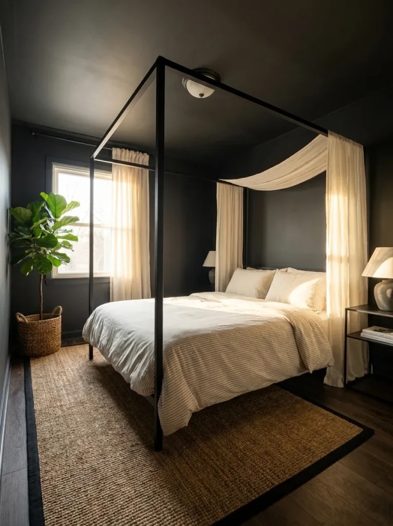 Slim black iron canopy bed with sheer ivory drapery in a fully cocooned black bedroom