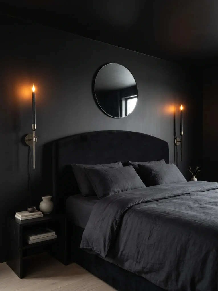 Blackened-brass flameless sconces flanking a black velvet headboard in a small luxury bedroom.