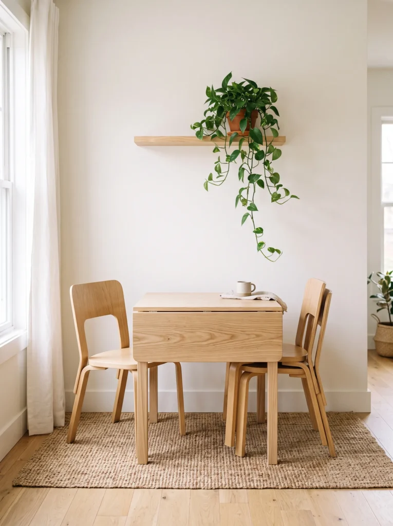 Small drop-leaf ash dining table with stackable oak chairs in a compact room.