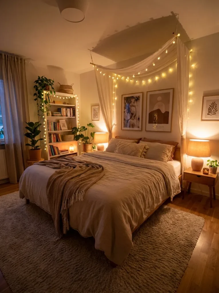 Smart bulb floor lamp glowing beside a phone showing a lighting app on the nightstand