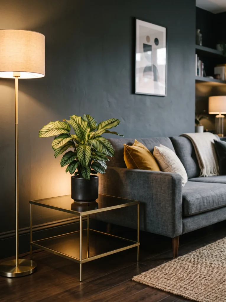 Low smoked glass plant stand with brass trim holding a calathea beside a sofa