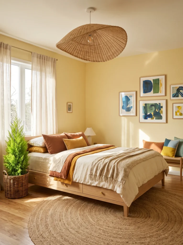 Muted butter-yellow bedroom with white oak bed, willow pendant, lemon cypress, and natural textures