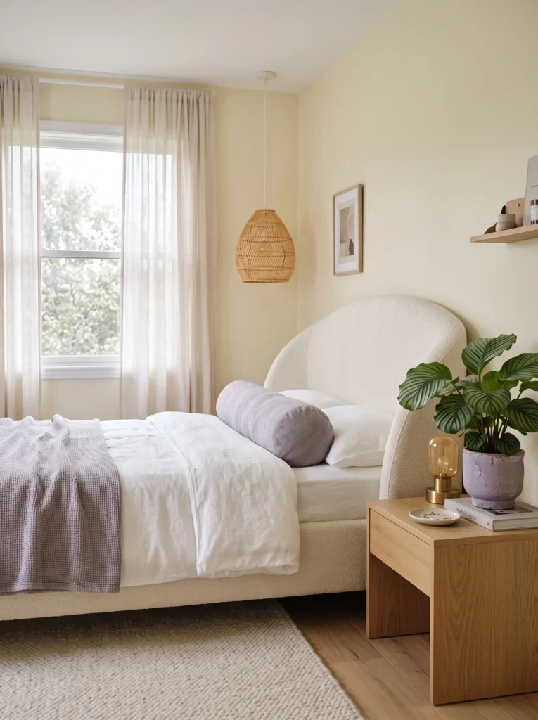 Pale yellow bedroom with a curved cream bed frame and lavender-gray bolster pillow
