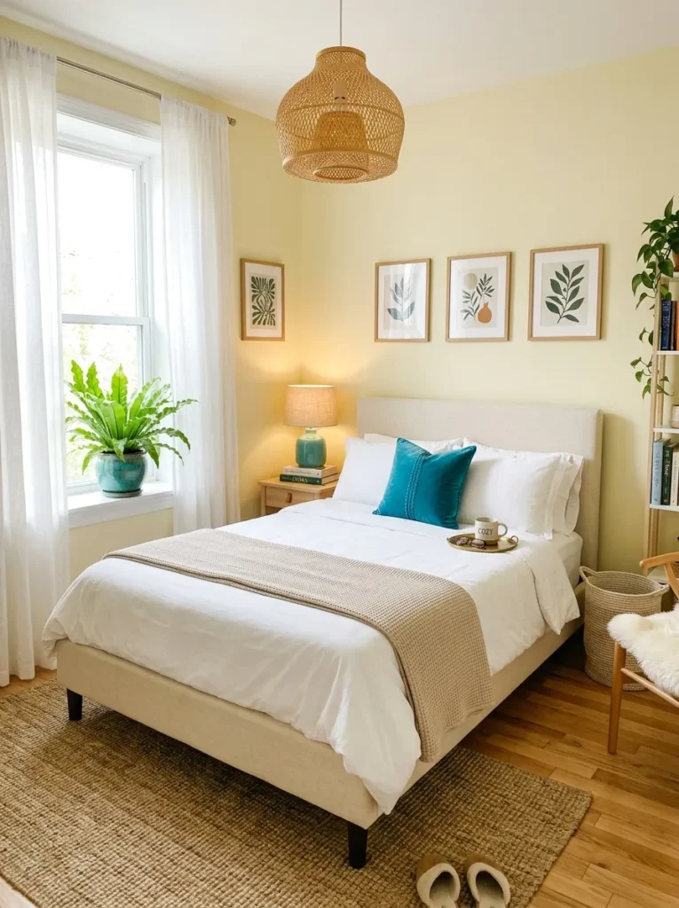 Pale yellow bedroom with a teal velvet pillow and matching ceramic lamp