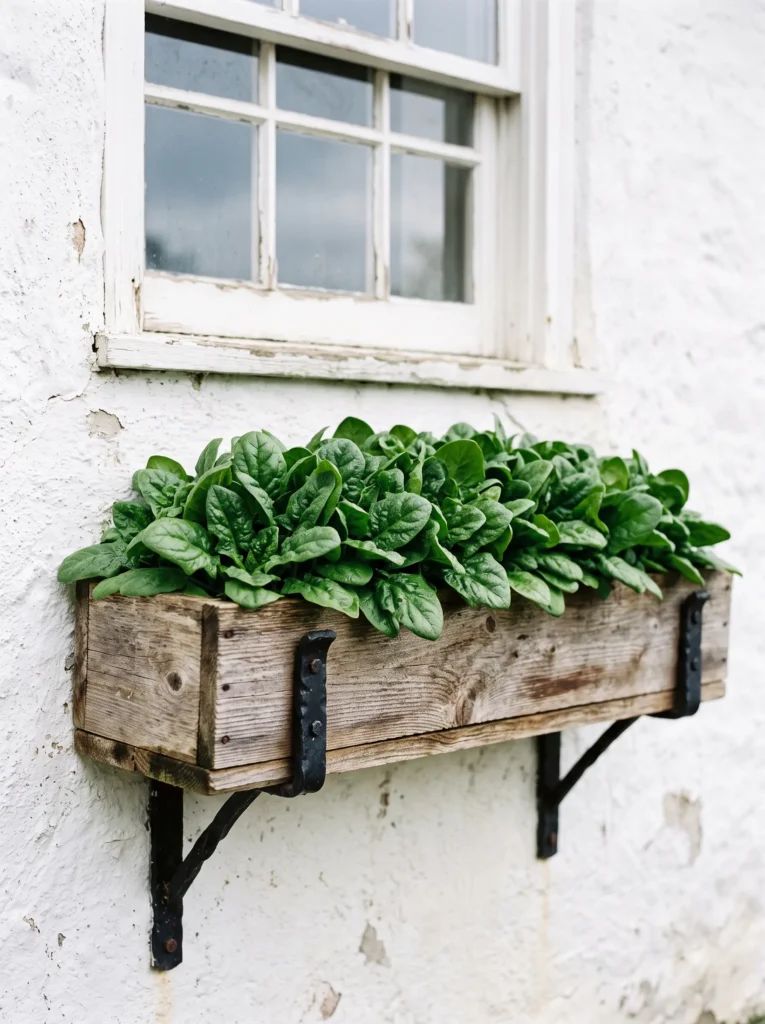 A weathered cedar window box mounted on a whitewashed exterior wall, filled with layered rows of glossy dark green spinach leaves. Black iron brackets anchor the box beneath a window. Soft, overcast morning light. Minimal styling — no extra props, just the box, the wall texture, and the plants in sharp focus.