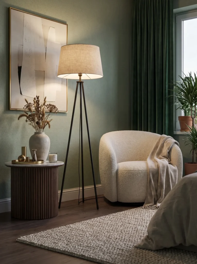  Black tripod floor lamp casting warm light onto a bouclé chair in a sage-green corner