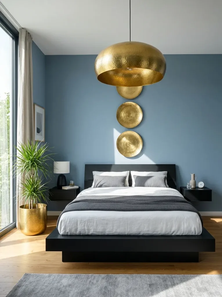 Steel blue and gold bedroom with hammered gold pendant, black platform bed, sculptural gold wall art, and dracaena.