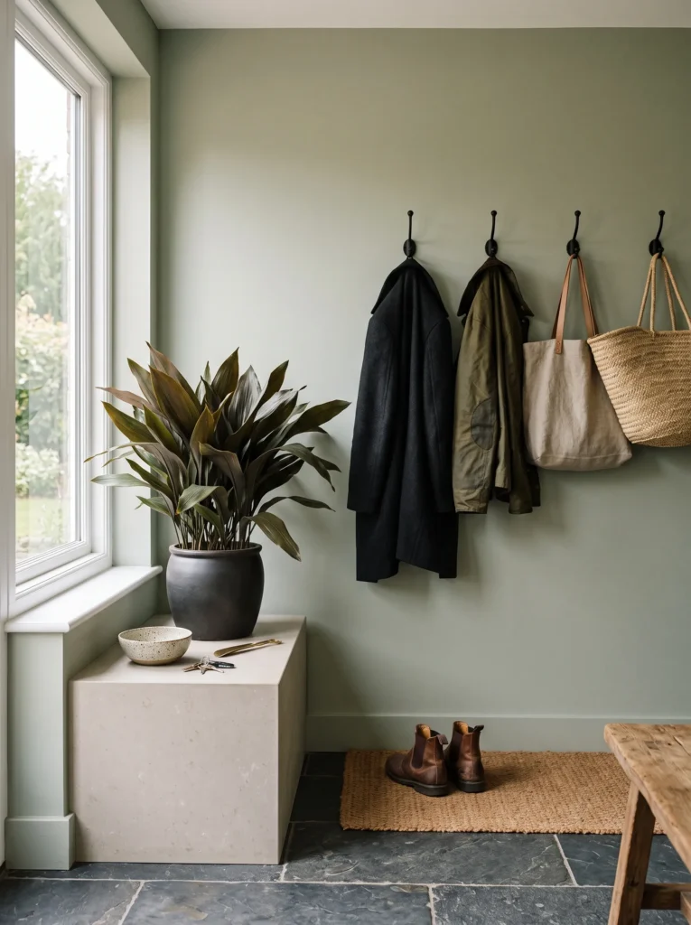  Low honed limestone plinth plant stand with a cast iron plant in a mudroom
