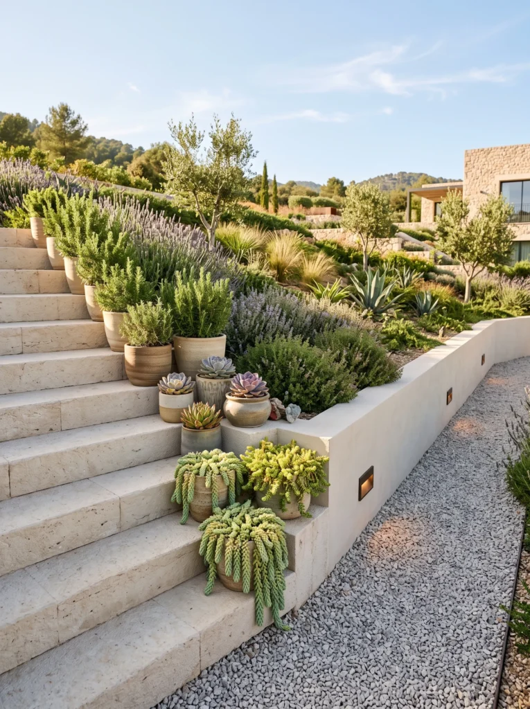  Limestone staircase stand with rosemary and echeveria.