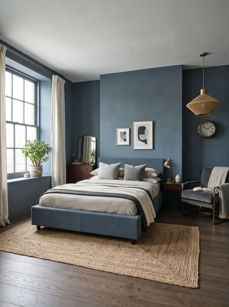 Storm blue and gold bedroom with reading nook, weathered brass clock, jute pendant, linen curtains, and jade plant.