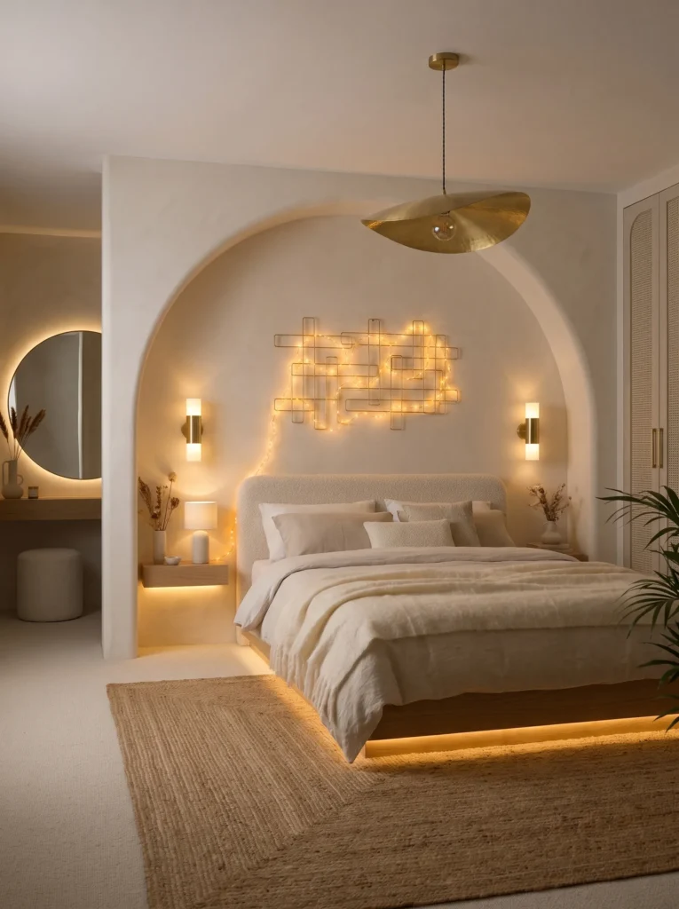 Micro brass-wire LED string lights threaded through a wall grid above a bouclé headboard