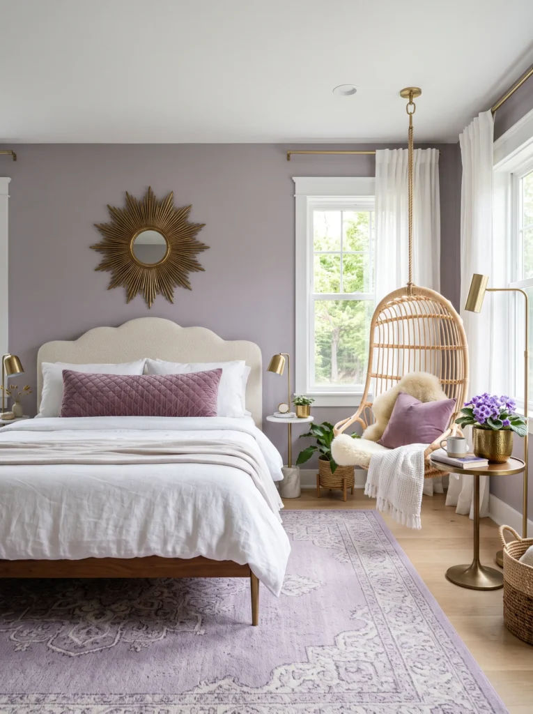 Sugar plum bedroom with cream boucle furniture, antique brass accents, rattan swing chair, and Streptocarpus.