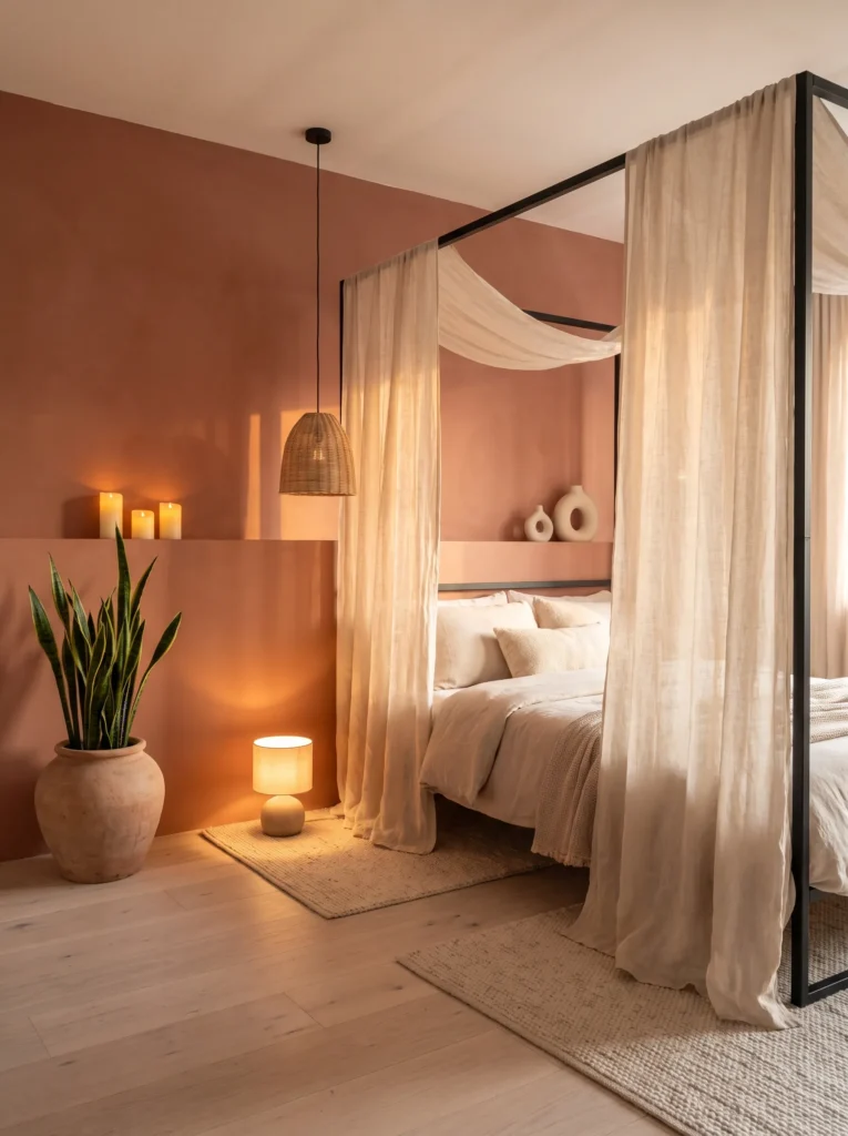 Chalky terracotta accent wall with blackened steel bed, plaster ledge, linen sheers, and snake plant