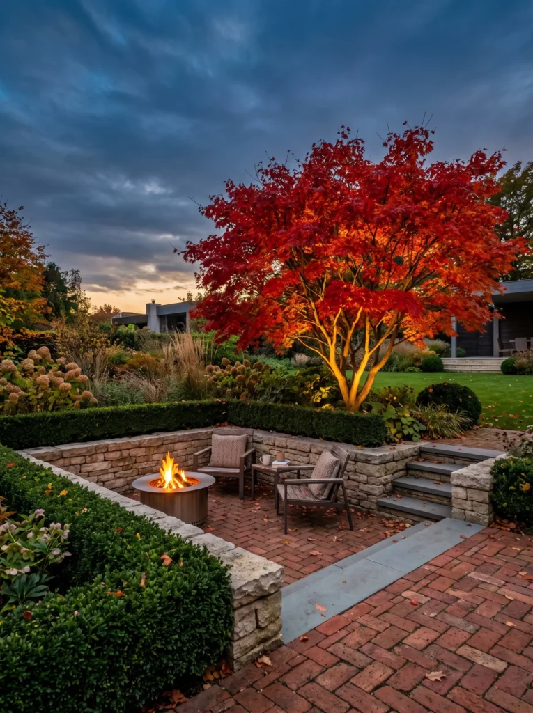  Sunken brick patio with a red Japanese maple uplit at dusk.
