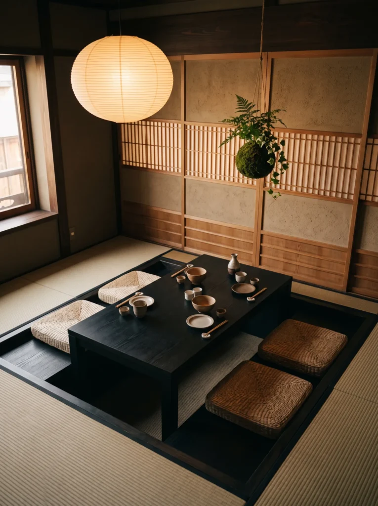 Sunken tatami-style Japandi dining nook with a black-stained oak platform table and floor cushions.