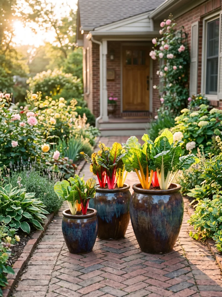  Three graduating glazed ceramic urns along a front walkway, planted with rainbow Swiss chard in ruby, gold, and white stem varieties. Warm late-afternoon backlighting makes the stems glow translucent. Brick pathway underfoot. Medium-distance angle capturing the full cluster and surrounding path