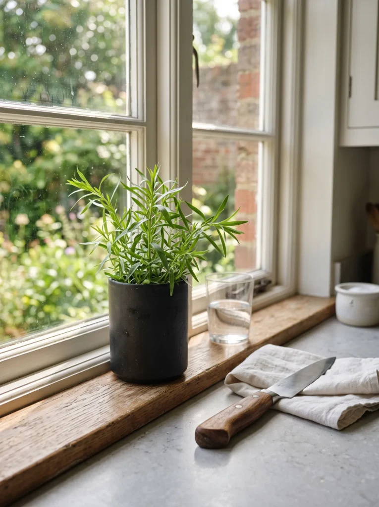 Fall herbs to grow in a narrow matte black pot, featuring fresh French tarragon beside a kitchen door.