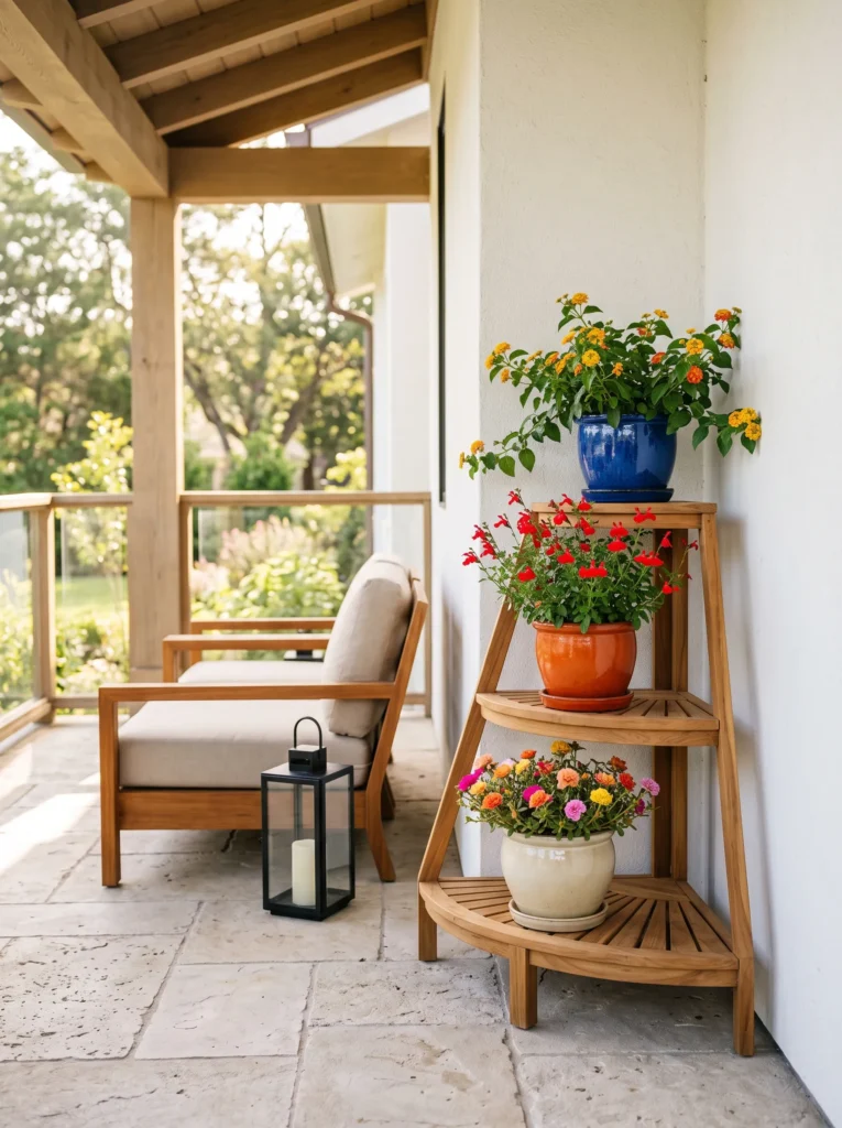 Teak corner stand with ceramic pots on porch.