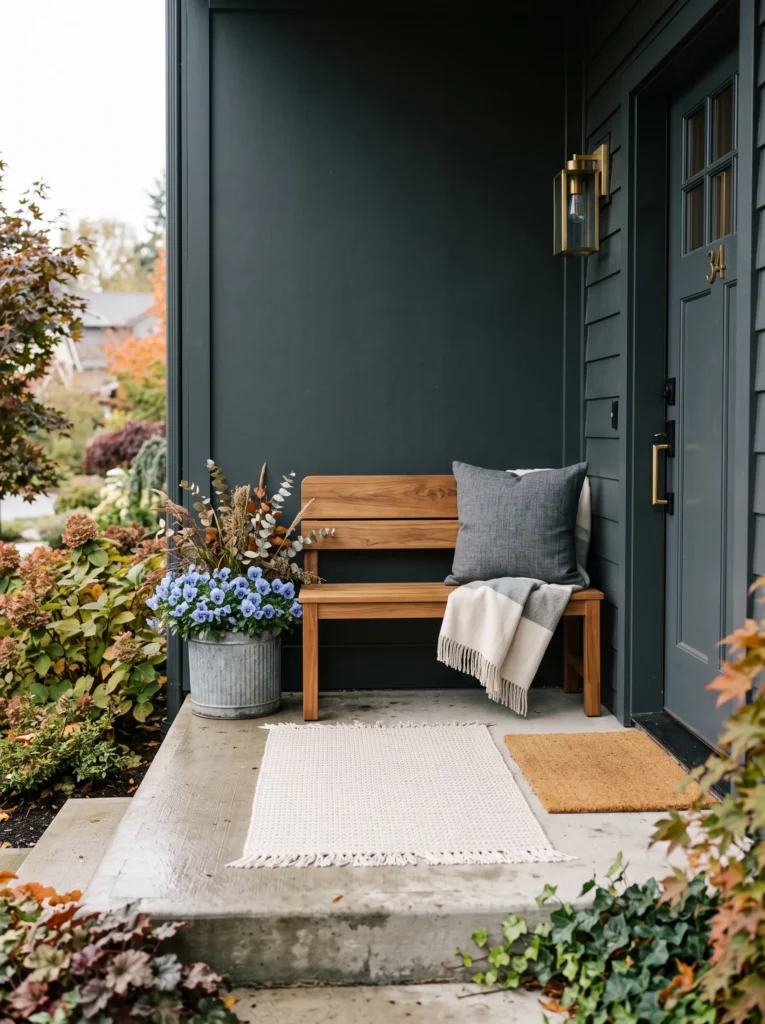Compact front porch with a low teak bench, charcoal cushion, galvanized planter of dusty blue violas, and cream polypropylene rug.