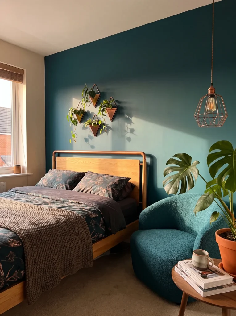 Deep teal accent wall with copper planters, Monstera, teal bouclé chair, and aged-copper pendant