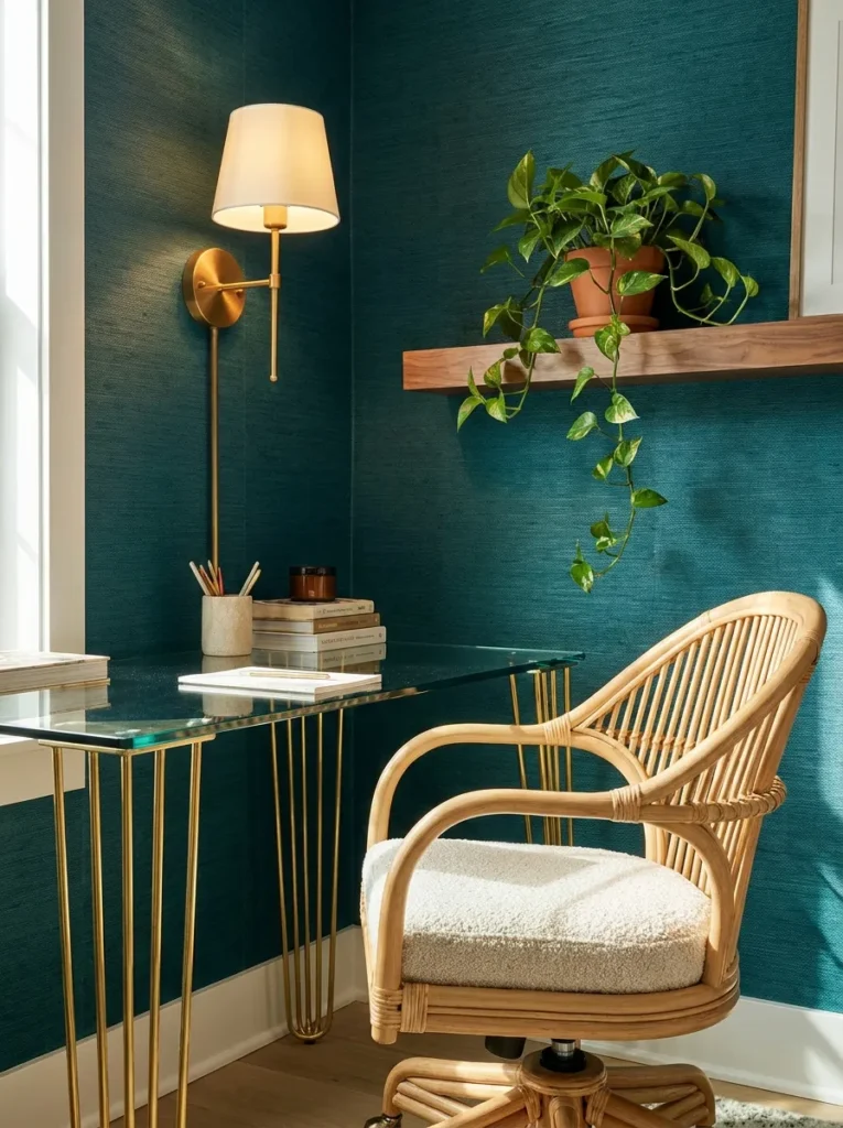 Glass-top desk against deep teal grasscloth wallpaper with a natural rattan swivel chair
