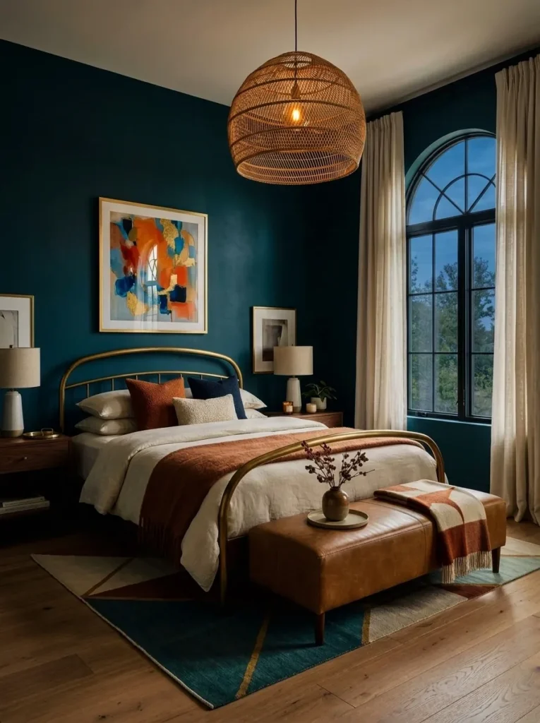 Deep teal bedroom wall with a curved warm brass bed frame