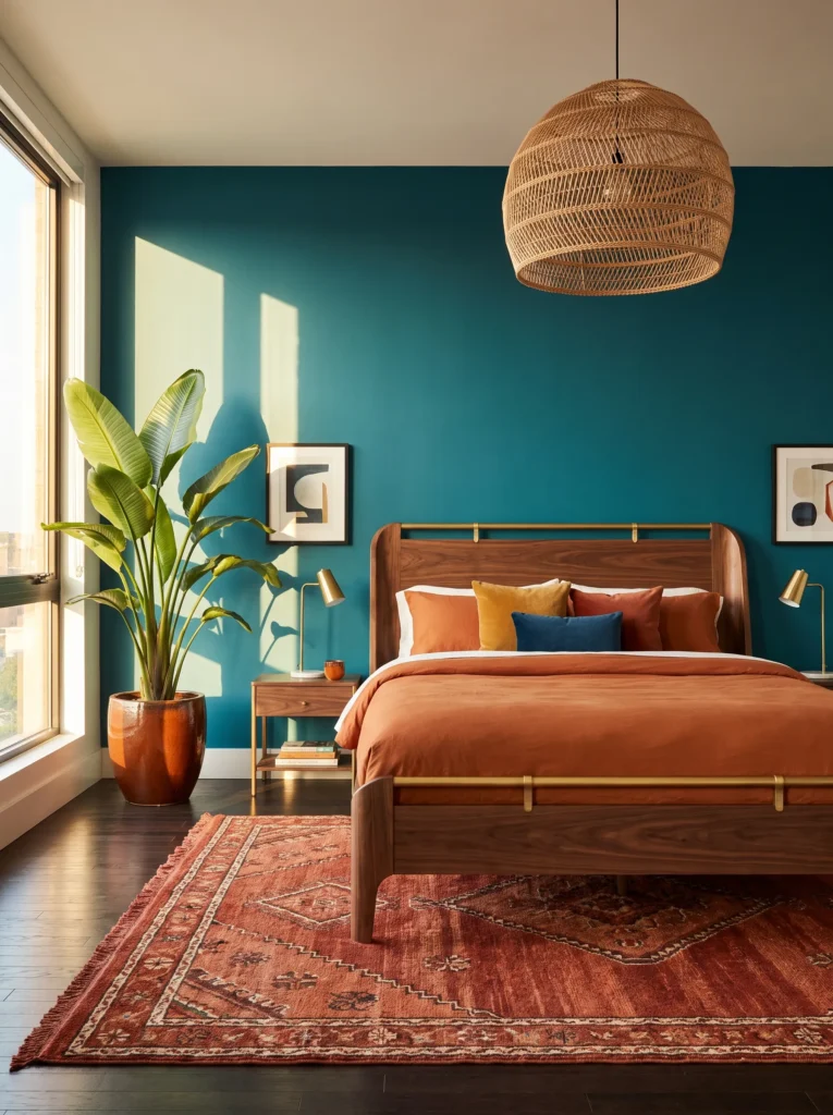 Deep teal bedroom with curved walnut bed, rattan pendant, bird of paradise, rust rug, and brass details