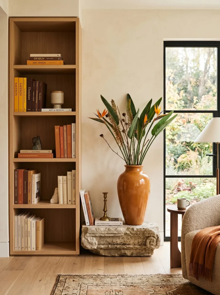 Terracotta amphora with bird of paradise leaves, saffron books, and limestone accent on a fall bookshelf.