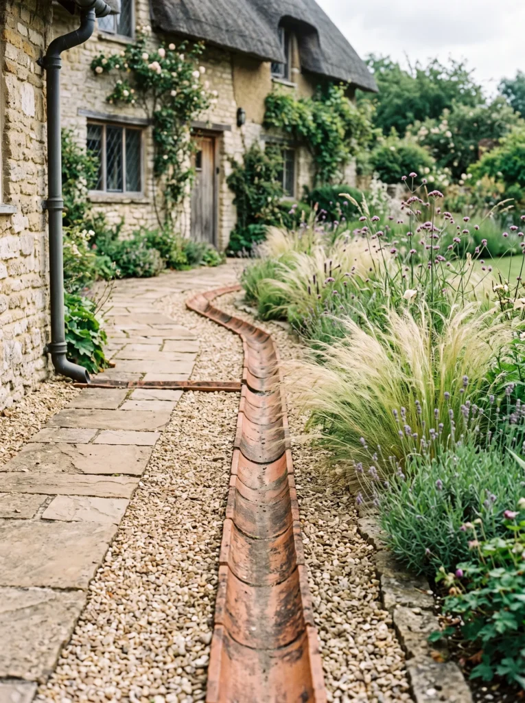 Terracotta-lined gutter drainage channel bordered by gravel and ornamental grasses in a cottage garden.